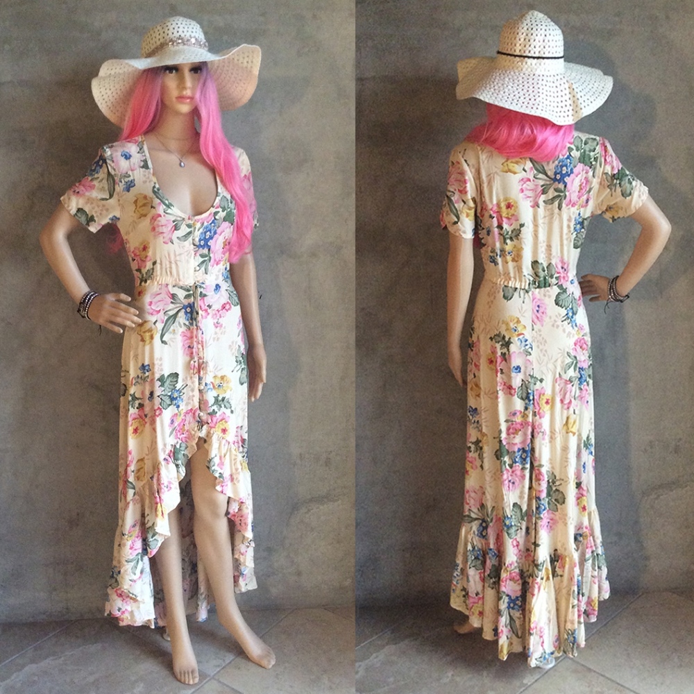 🌸 BOHEMIAN DRESS FLORAL MAXI HILO SWALLOWTAIL BOHO CHIC RUFFLE LONG BUTTON DOWN - Picture 5 of 16